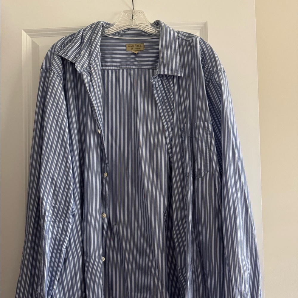 Sonoma Men's Blue and White Striped Button Down Long Sleeve Shirt Size XXL
